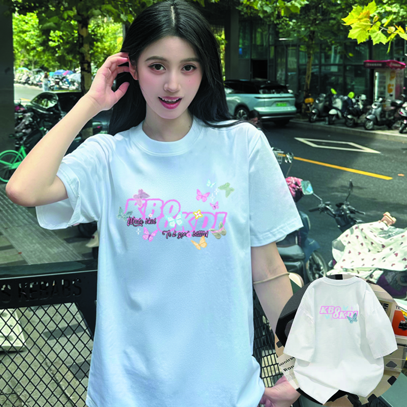 新款设计手绘蝴蝶美式短袖字母印花宽松夏季情侣上衣T恤ins运动
