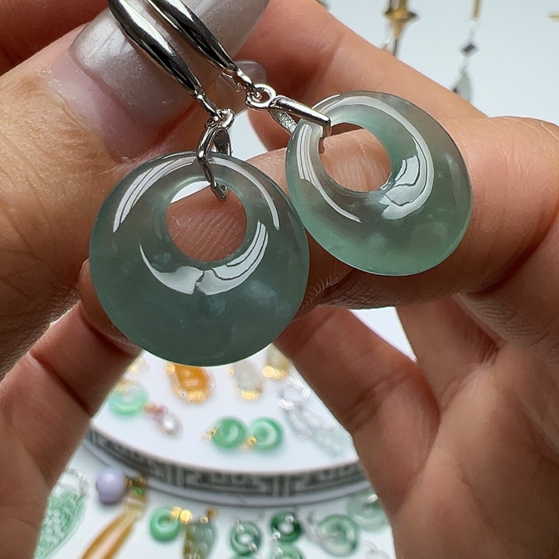 翡翠银S925镶嵌耳饰天然缅甸A货翡翠棉多