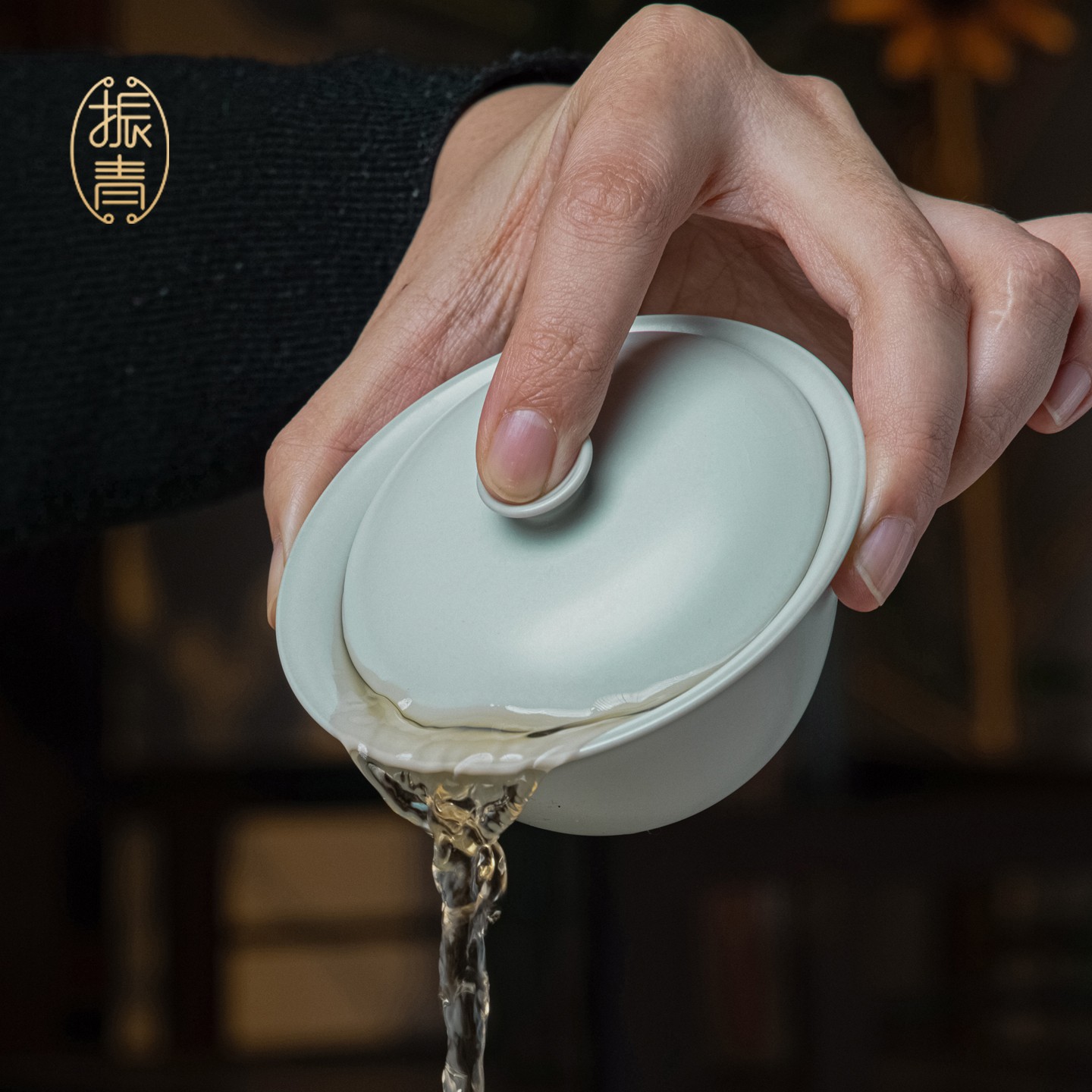 手工汝窑盖碗茶杯单个泡茶碗陶瓷景德镇汝瓷二才斗笠盖碗茶具青瓷