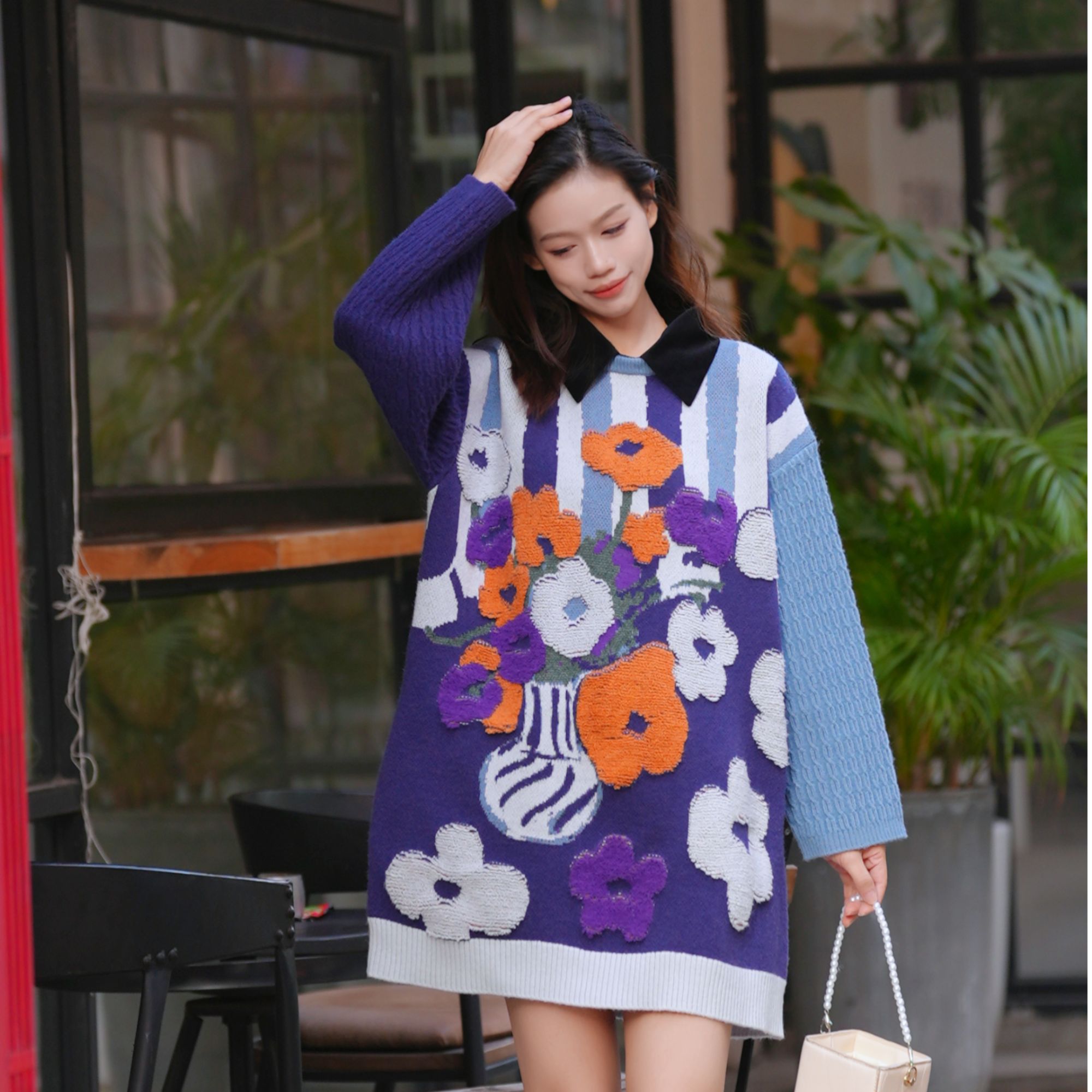 【黄蓉专属】两三事一夜浮花 花朵毛巾绣拼色条纹毛衣S24DLY286