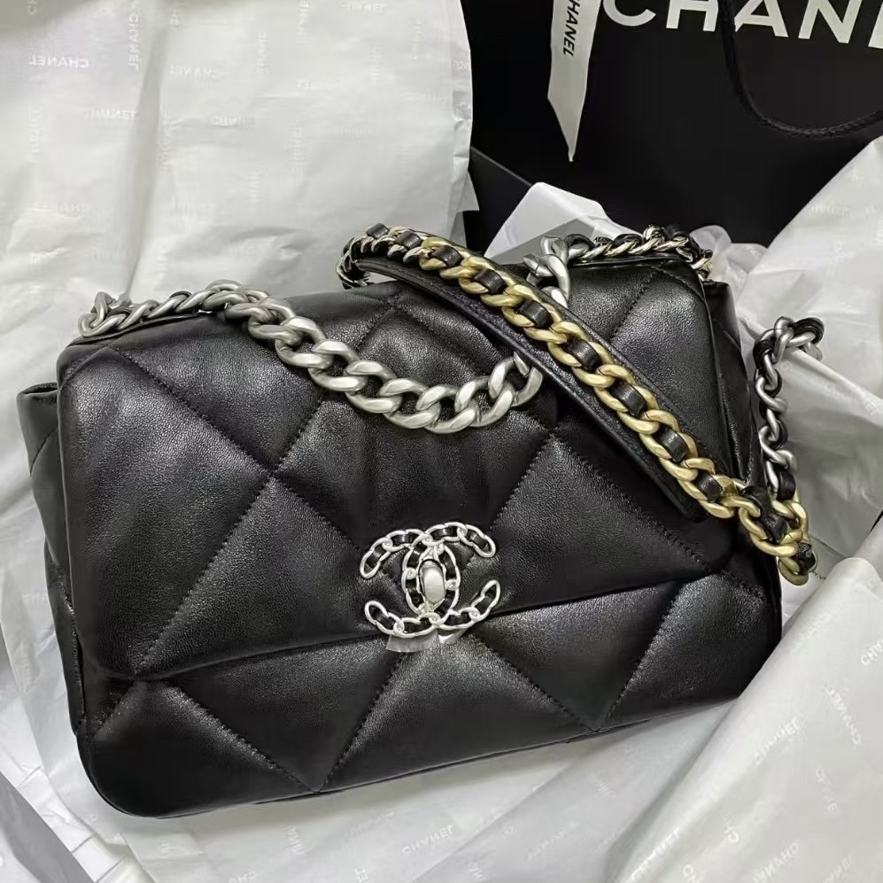 未使用 Chanel/香奈儿 黑银19bag小号 22年芯片款 菱格斜挎链条包