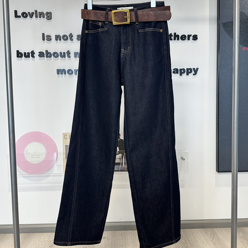 君家金扣咖标加绒直筒裤