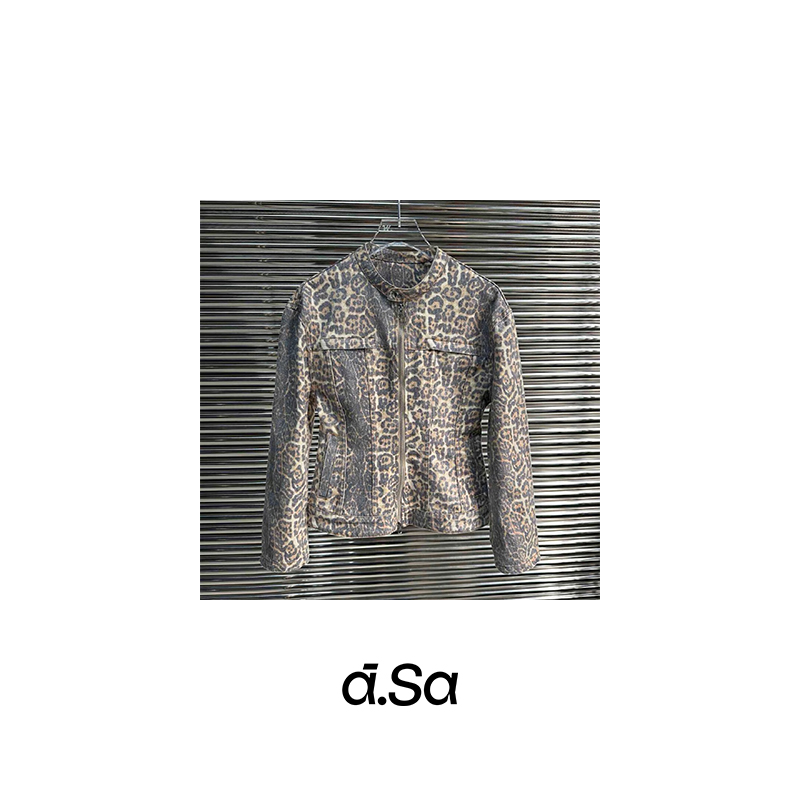 ASA- 【拉链袖口垫肩豹纹牛仔短款外套】