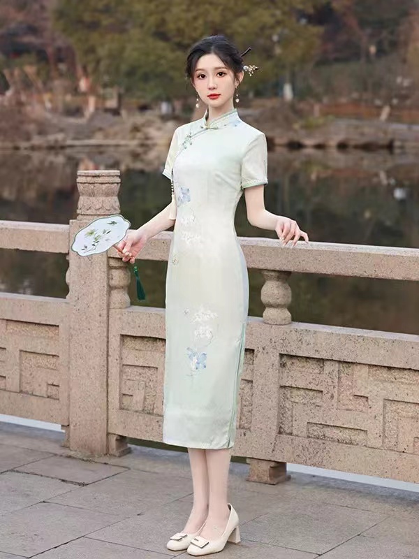 225-【蓝莲花】绿色 绝美 流苏 改良 旗袍