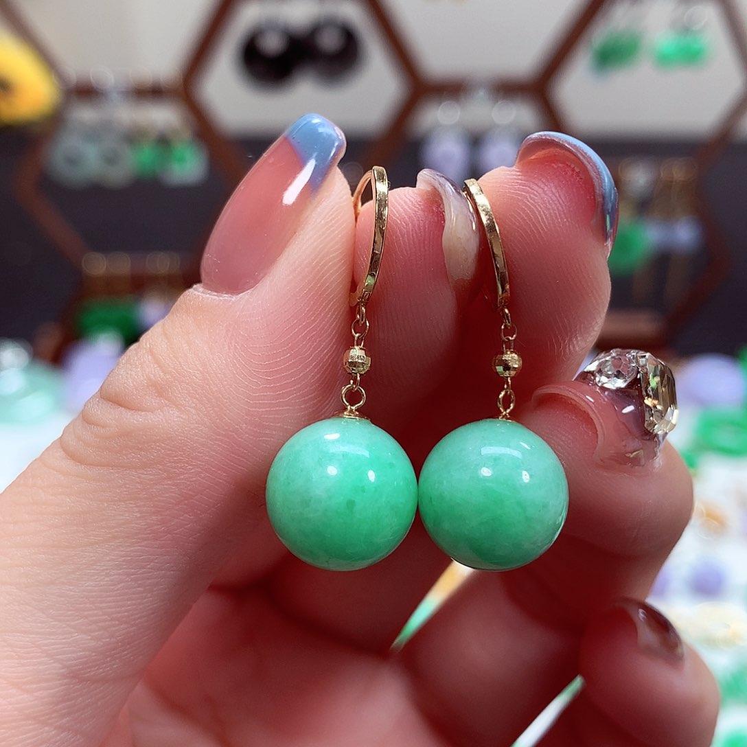 翡翠耳饰18K金镶嵌天然翡翠