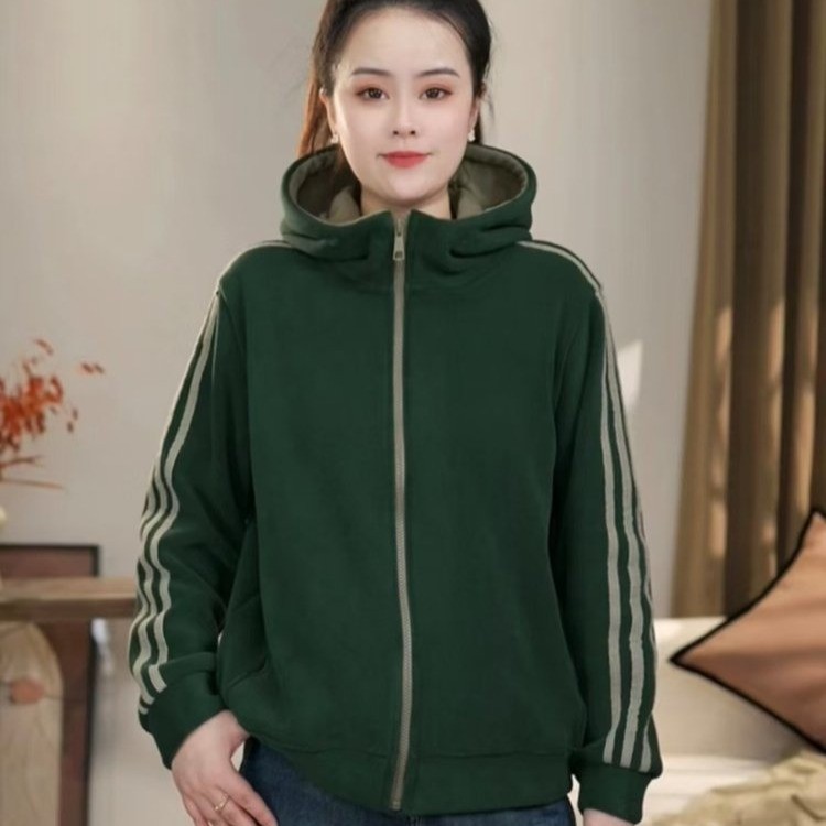 休闲秋季时尚宽松加绒简约百搭连帽奥粒绒织带开衫