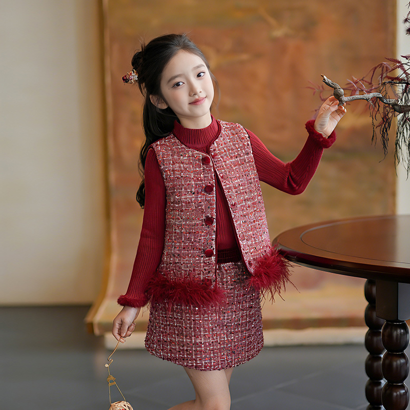 0769977女童小香风套装红色喜庆新年款2026冬季儿童甜美过年衣服