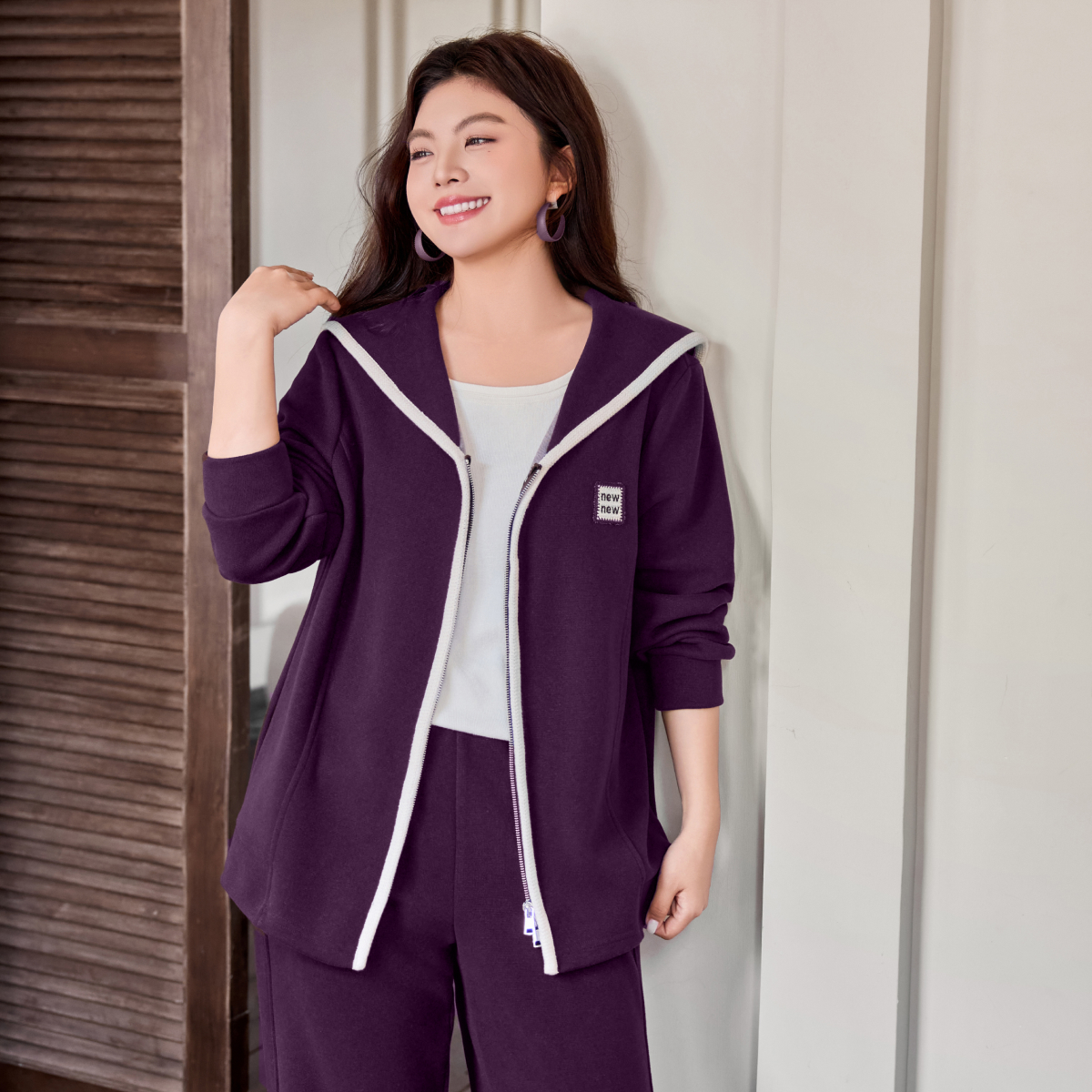 【磨毛针织套装】MsShe大码女装2025冬双拉链外套阔腿裤Q2510035