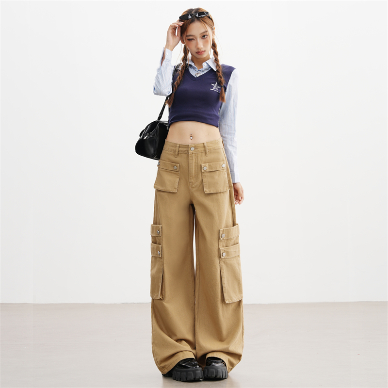 卡其色高腰工装牛仔裤女爆款2025年秋装新款女士休闲直筒阔腿裤子