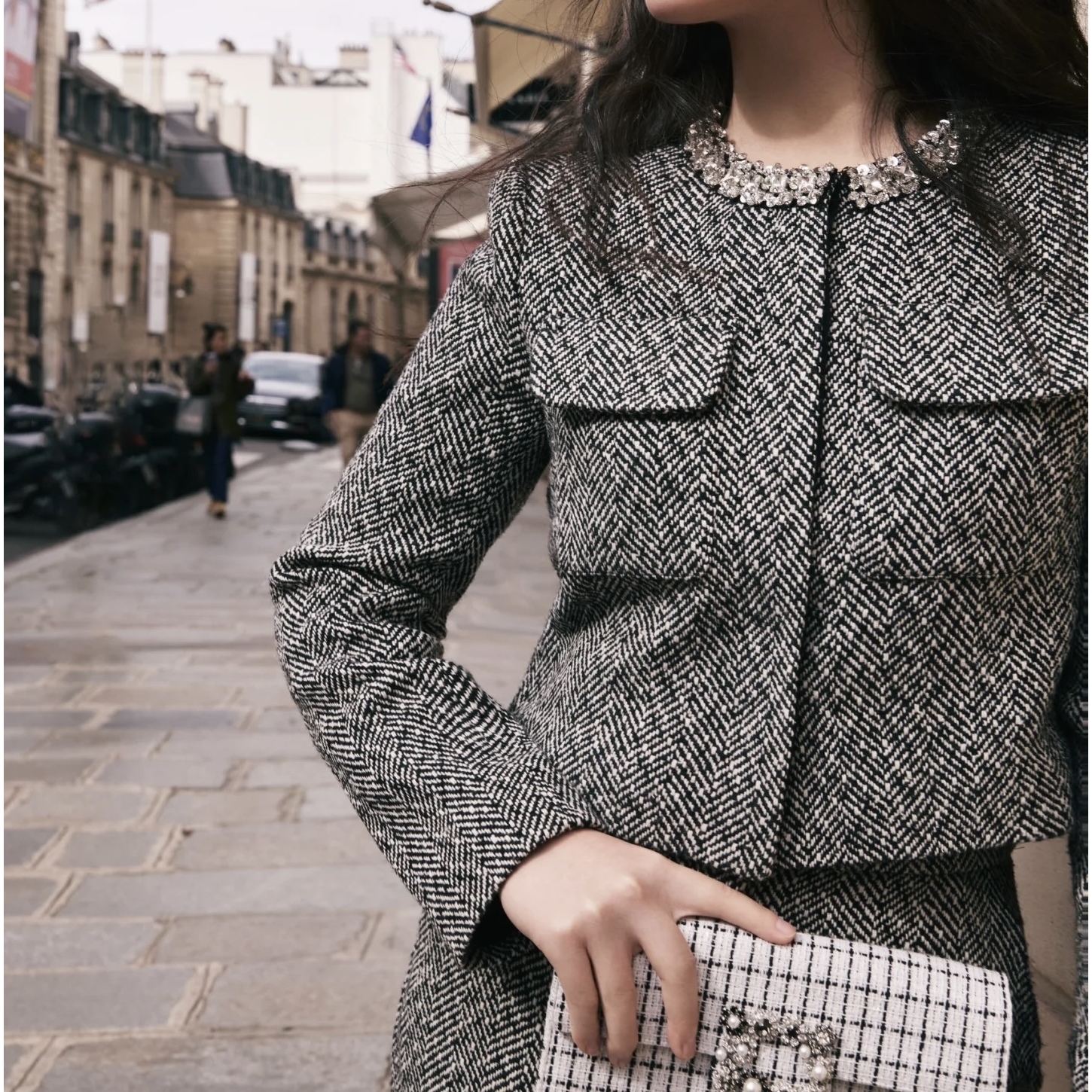 【定制绵羊毛面料】人字纹手工钉珠编织花呢外套/半裙套装*YL201