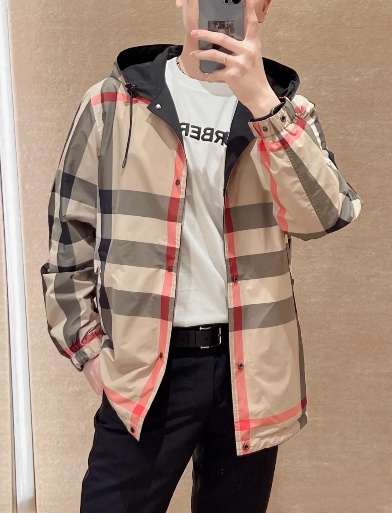 全新未使用 BURBERRY/博柏利 双面穿大格纹黑色内里连帽夹克 外套