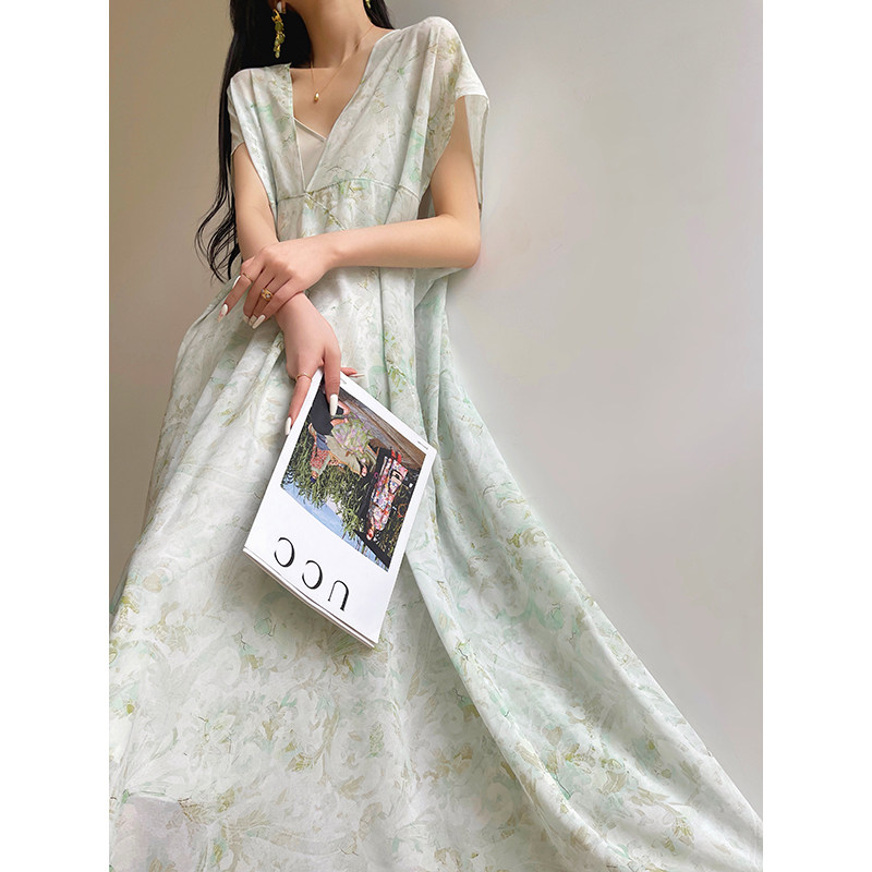 Aconiconi｜绿野晴风 法式印花雪纺连衣裙夏V领长裙无袖度假气质