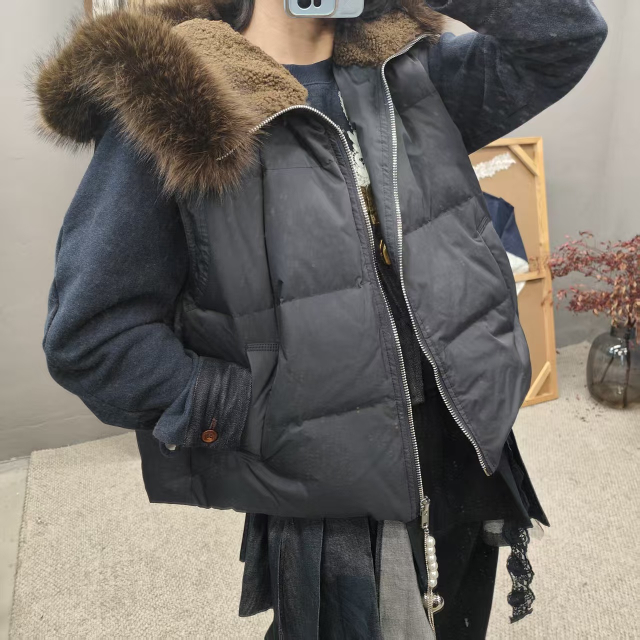 南油小众设计师厚款短款网红毛毛领棉马甲4728