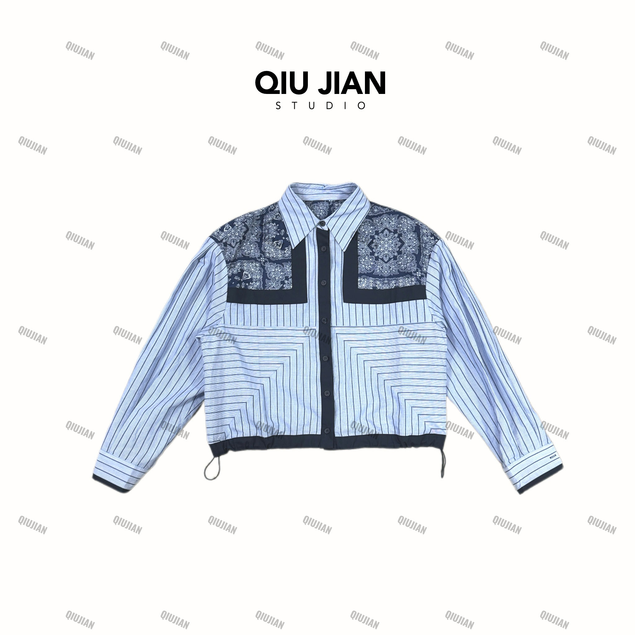 【燕姐专享】QIUJIAN【江南烟雨】民族风拼接条纹复古气质休闲衬衫