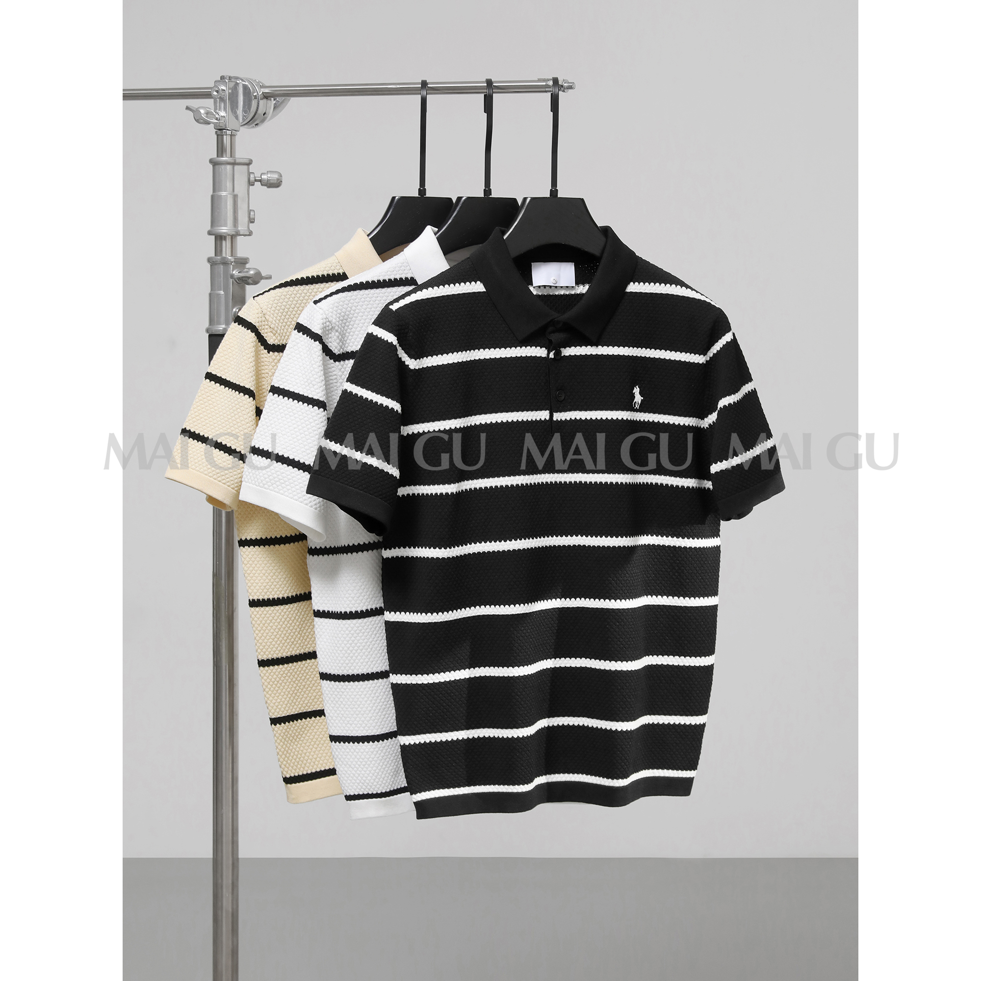 夏季男士高定骑士刺绣夏季原创奢感POLO衫针织条纹翻领短袖