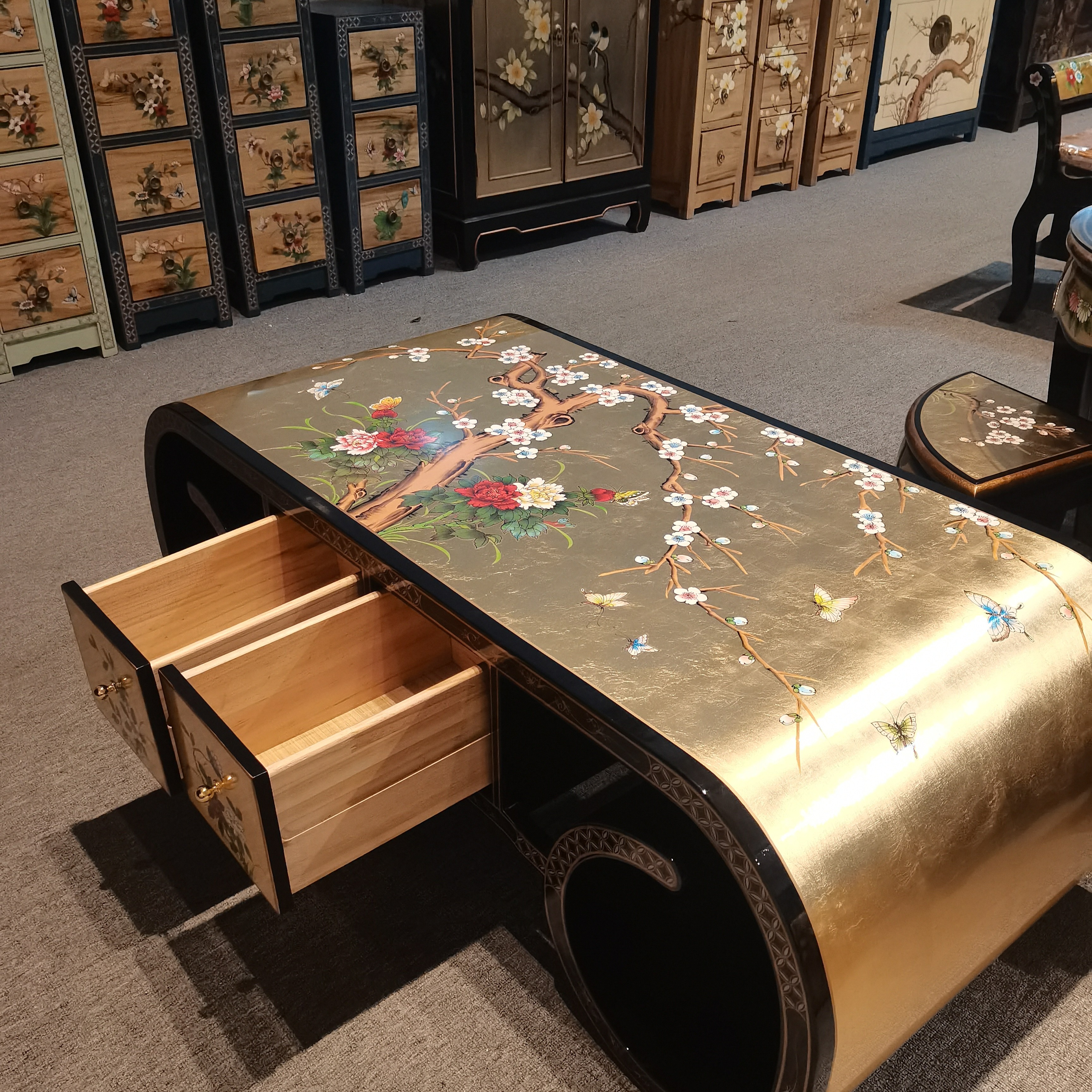 新中式风防水防油餐桌桌旗茶几茶席茶台金泊彩绘