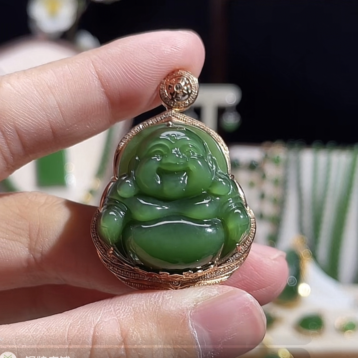 和田玉碧玉猫眼佛公吊坠18k金镶嵌