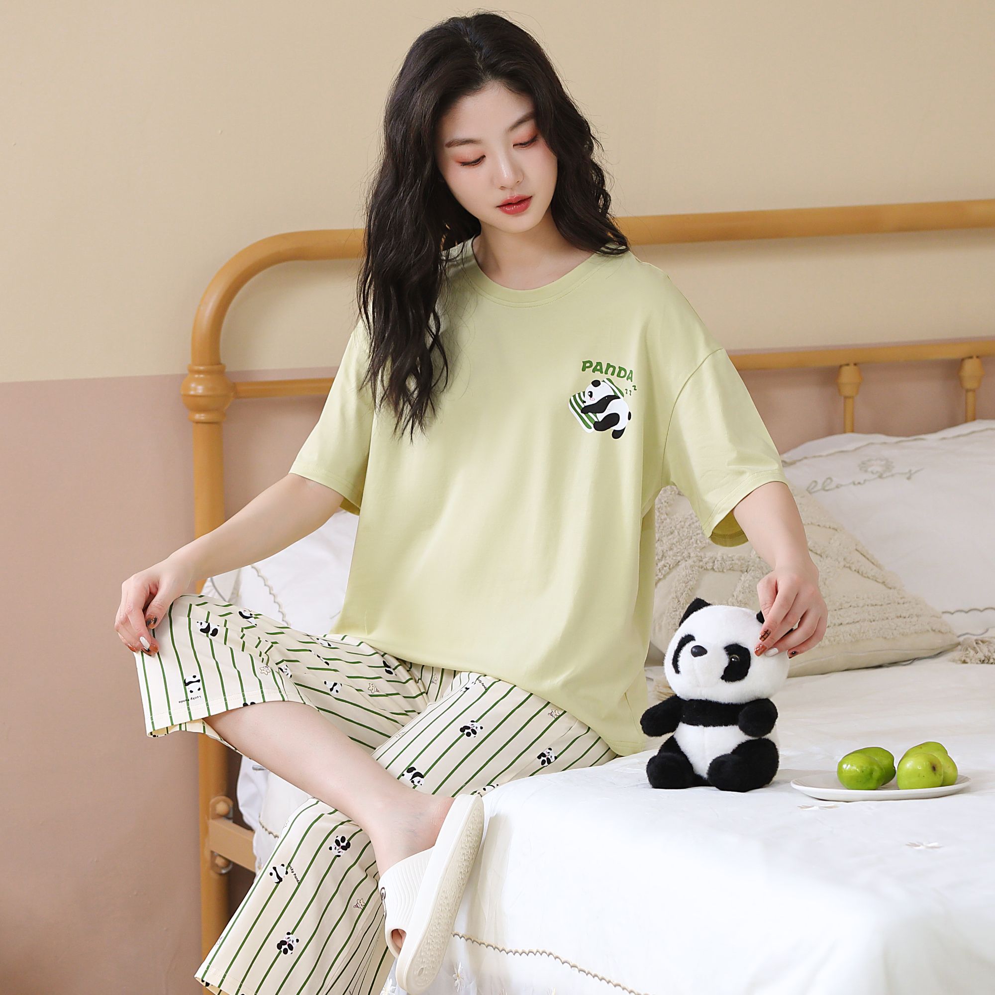 100%全棉短袖阔腿八分裤睡衣春夏女夏季可外穿时尚简约纯棉舒适