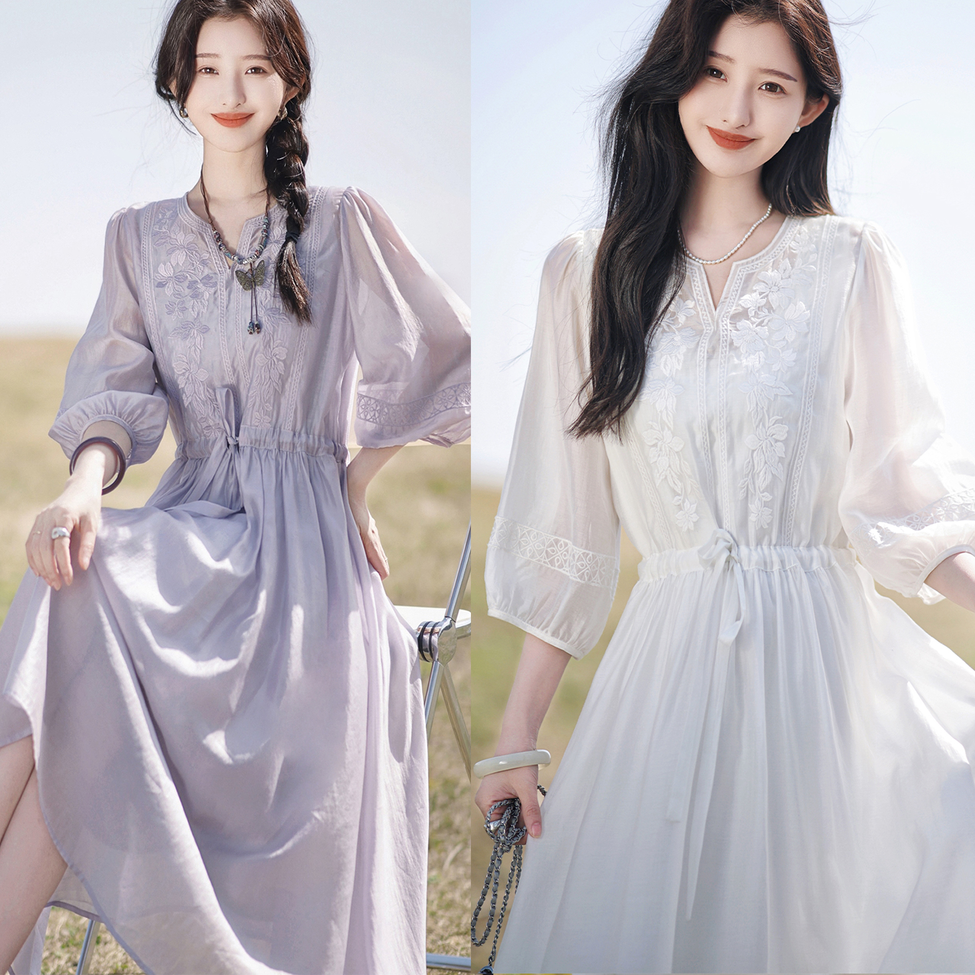 【赵大喜】月光小白裙2.0｜刺绣圆领仙女裙宫廷风白色连衣裙