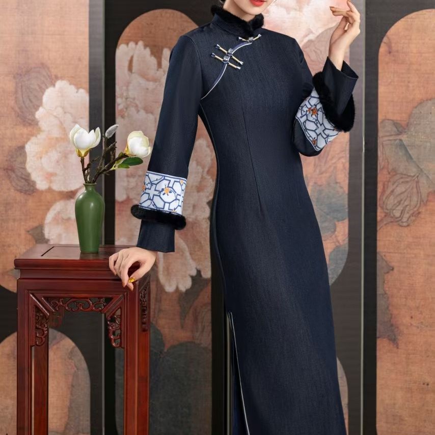 〔墨青-G5〕秋冬春修身旗袍素雅文艺范旗袍连衣裙毛领毛袖长款长裙