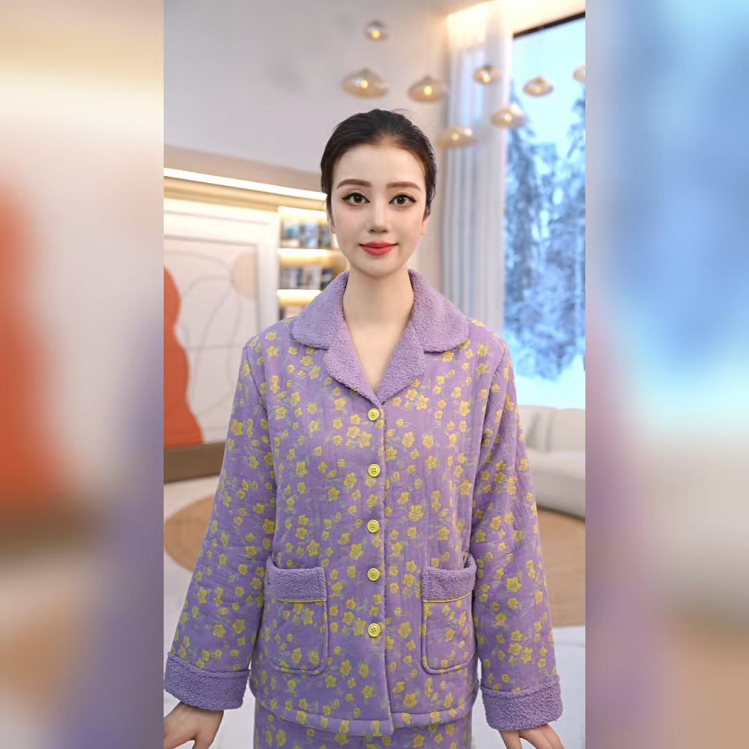 秋鹿梭织复合绒国民领长袖长裤女套冬款家居服