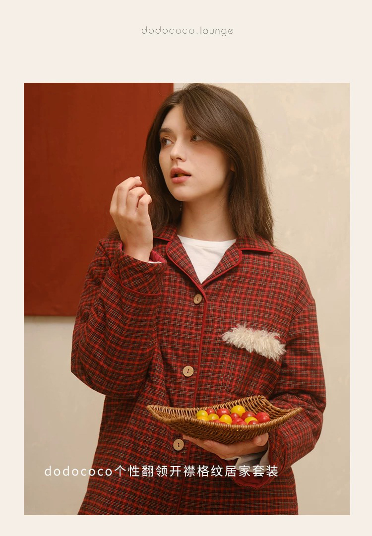 朵朵可可睡衣女2024秋冬季新款纯棉磨毛红格子三层夹棉家居服套装