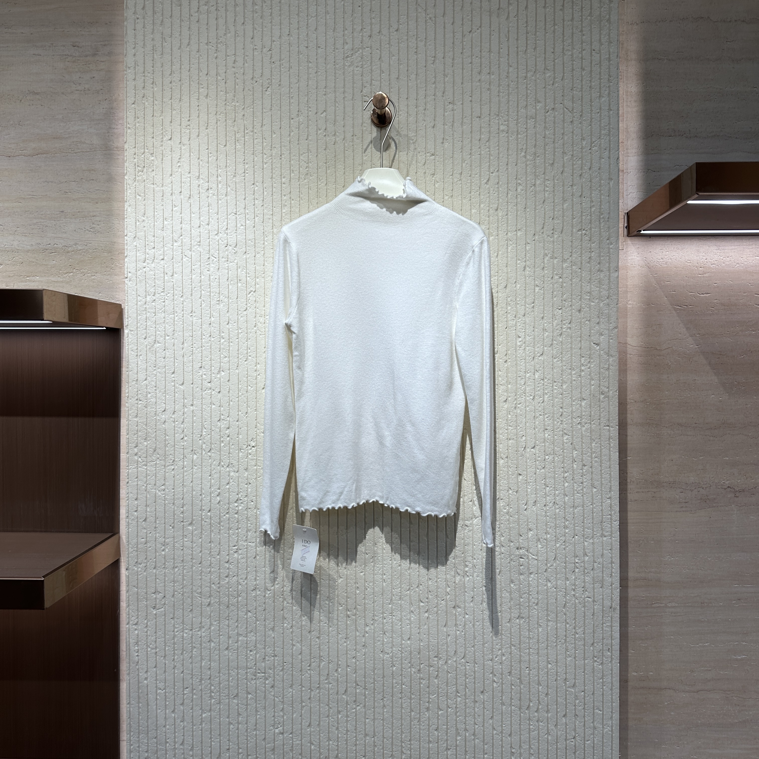 染色女士螺纹木耳边圆领半高领长袖白色T恤女内搭