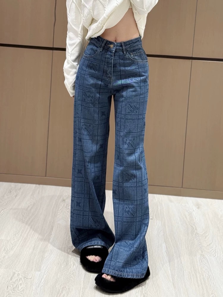 高级磨毛感牛仔裤女2025早秋高腰显瘦直筒阔腿牛仔裤 C7341