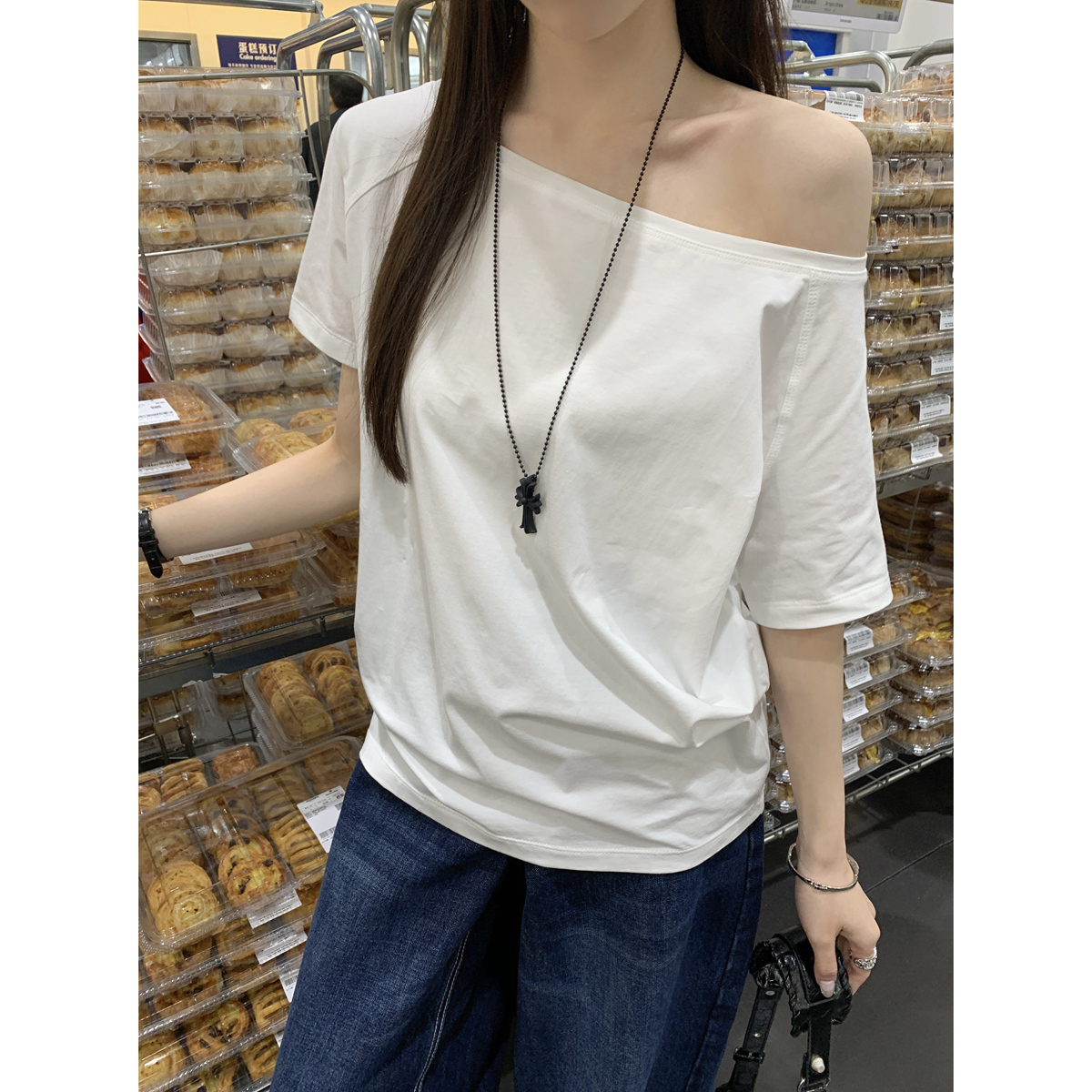 春夏季韩版宽松气质一字斜肩慵懒百搭T恤女显瘦运动高腰短款休闲