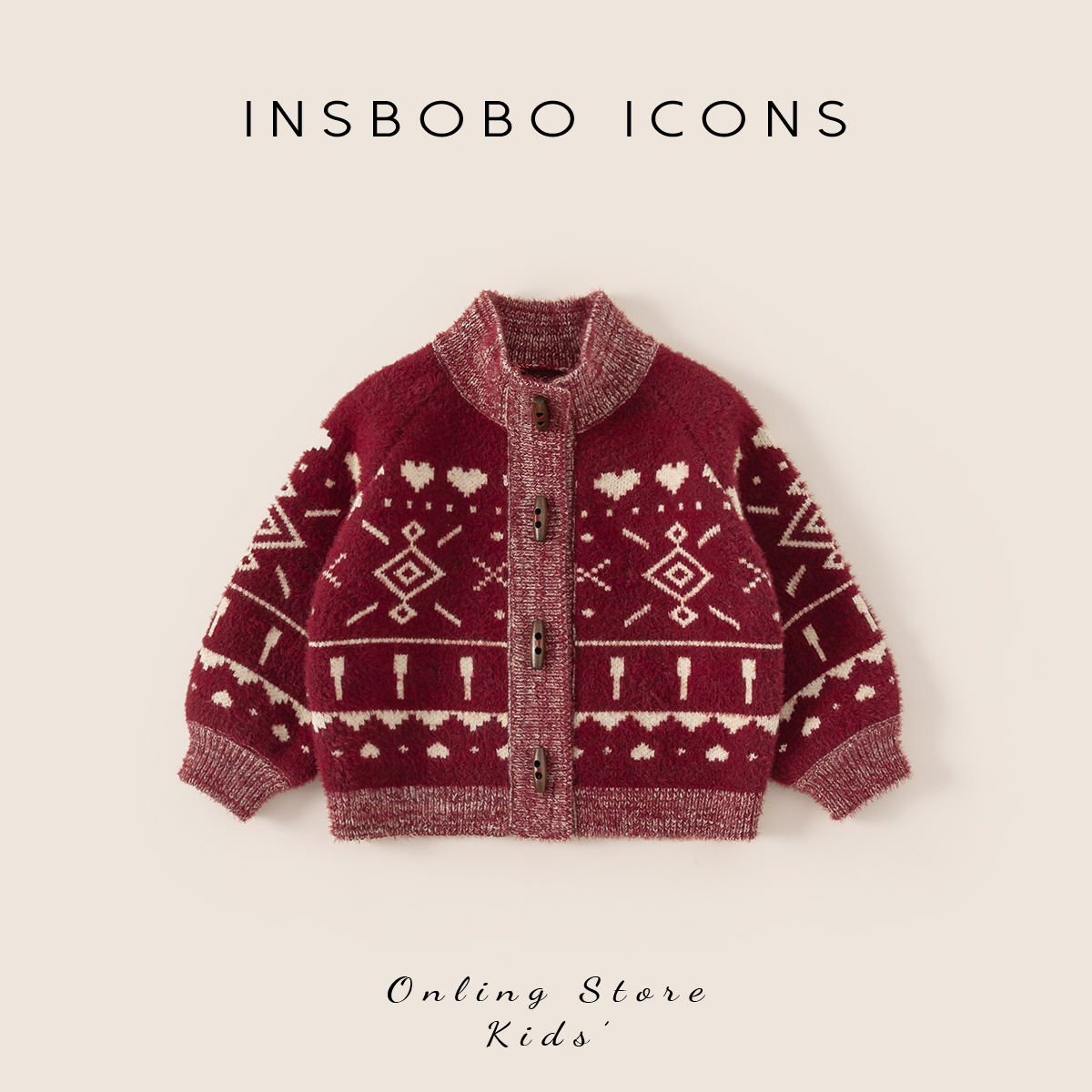 【专属】INSbobo儿童复古毛衣外套冬季加厚图案系扣毛衣外套DY85257