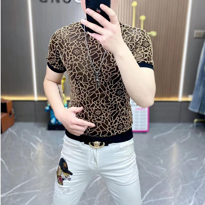 25年欧版时尚男装锦纶金丝提花男装圆领短袖1007
