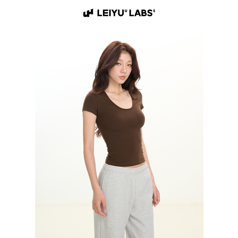 LEIYU LABS针织小U领短袖T恤女夏高弹紧身沙漏型显瘦外穿上衣