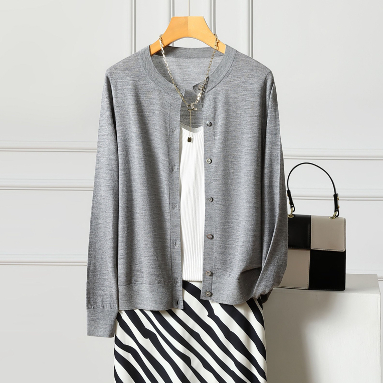 【扬子纱】圆领平面开衫外套长袖纯色薄款
