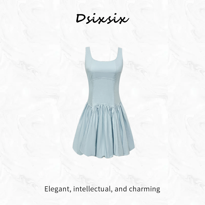 WEI BAO ER【夏威夷午后】夏季新款设计感气质时尚蓝色吊带连衣裙女