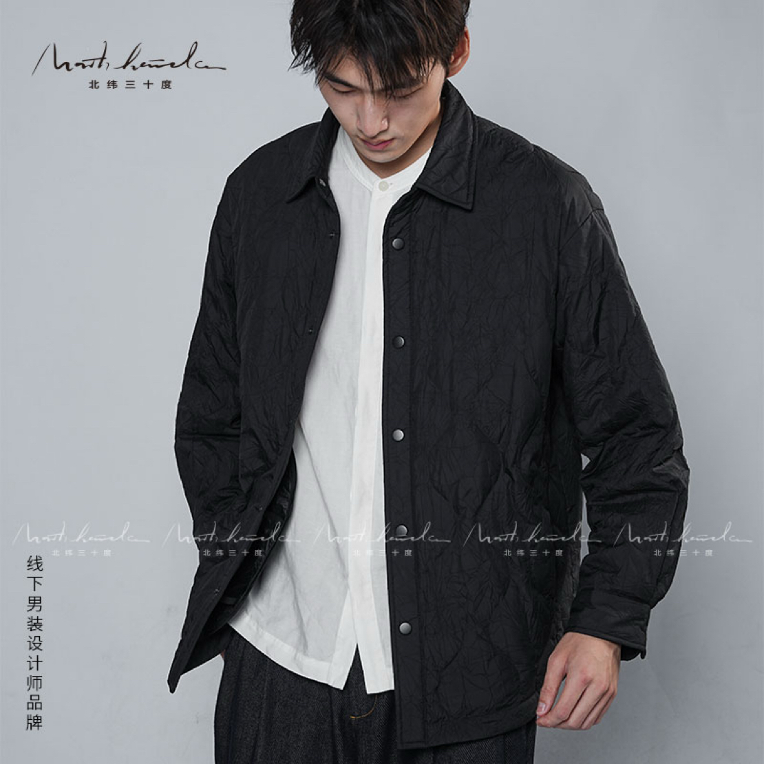 北纬三十度男士褶皱衬衫方领羽绒服冬季新品轻薄型羽绒服休闲时尚