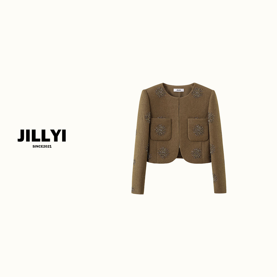 JILLYI【古堡烟花】焦糖色圆领亮钻太阳花复古时尚外套