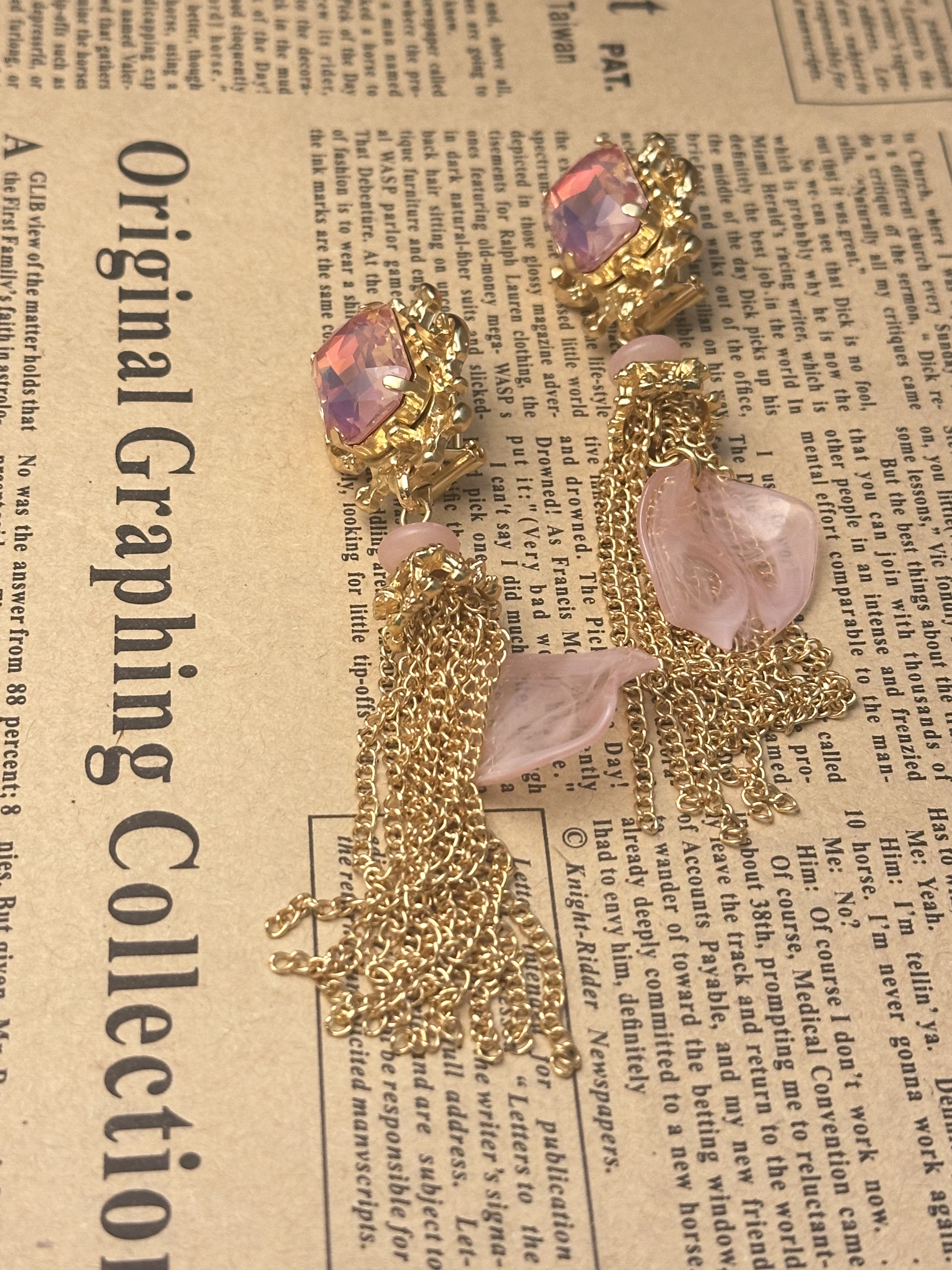 铜合金琉璃耳饰 中古镀金粉色锆石流苏耳饰 E16012