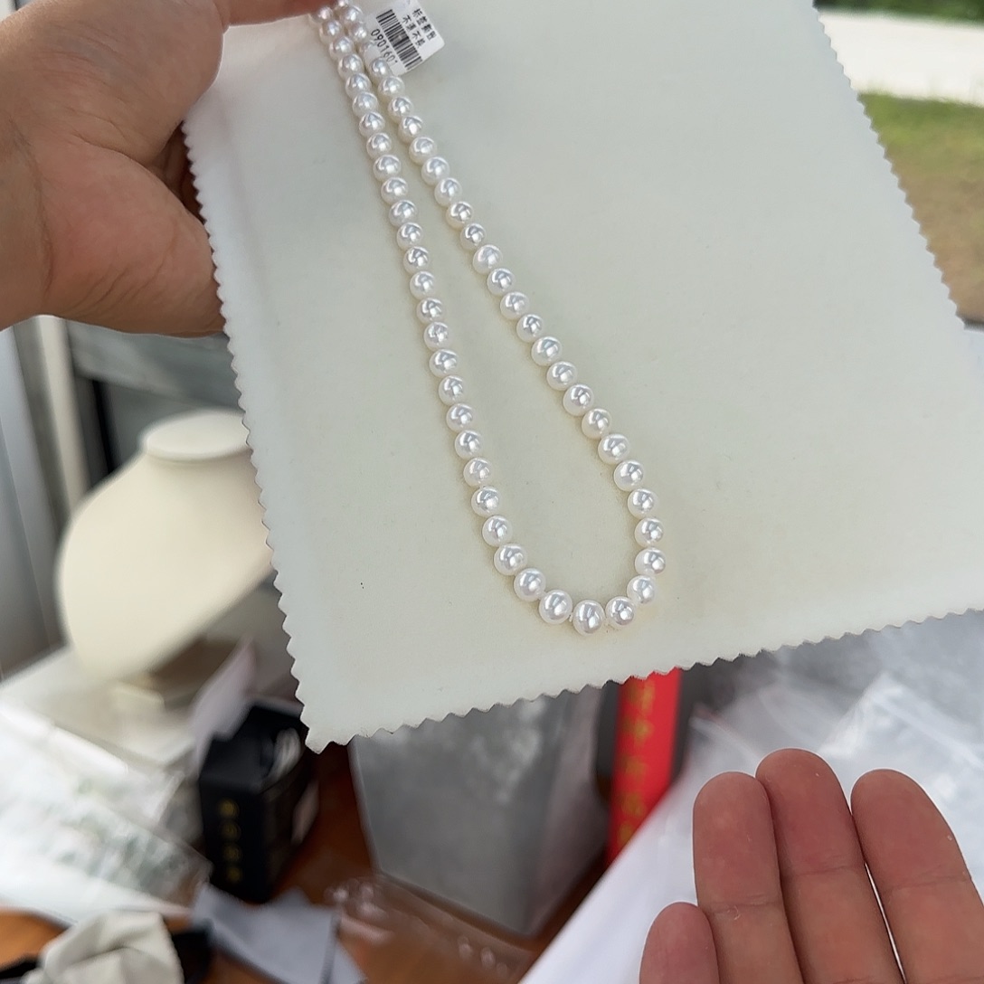 淡水珍珠银S925镶嵌颈饰7-8无核极光镜面正圆炫彩白亮