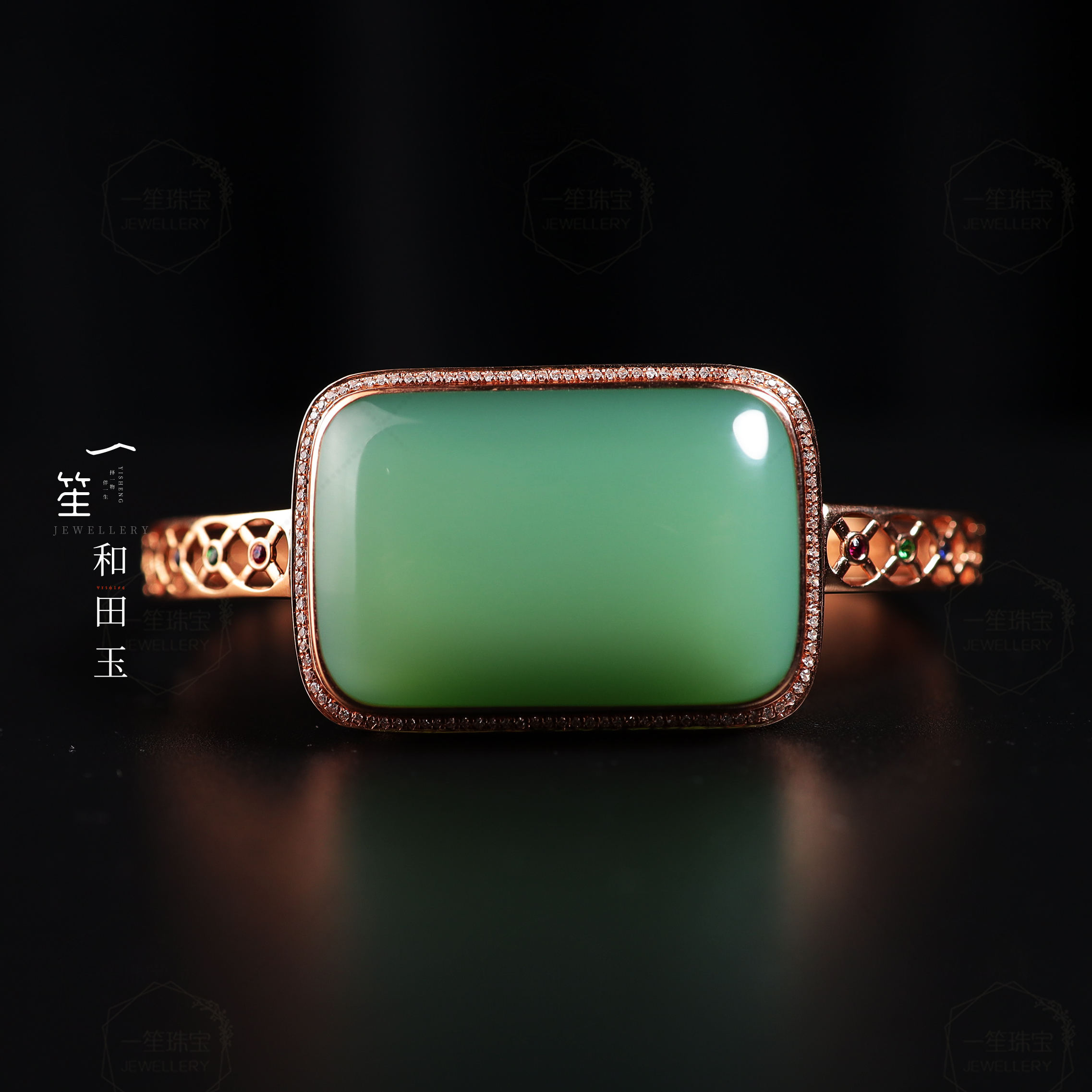 【一笙珠宝】和田玉手镯18K金镶嵌碧玉典藏级手镯约29*19*8mm