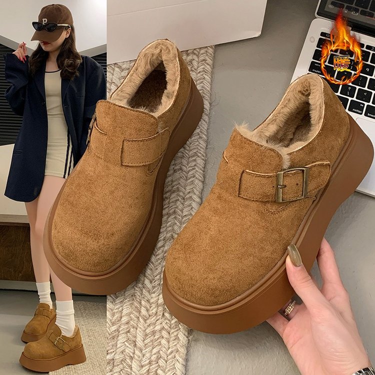 【真皮+运费险】2024新款加绒保暖一脚蹬勃肯鞋女厚底外穿韩版棉鞋