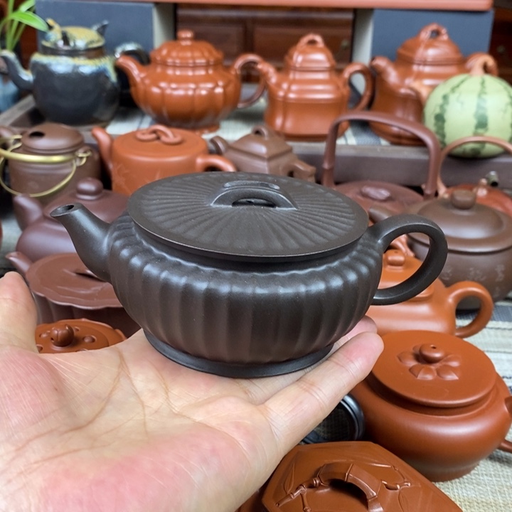 紫砂茶壶筋纹汉瓦260cc原生矿黑料特价
