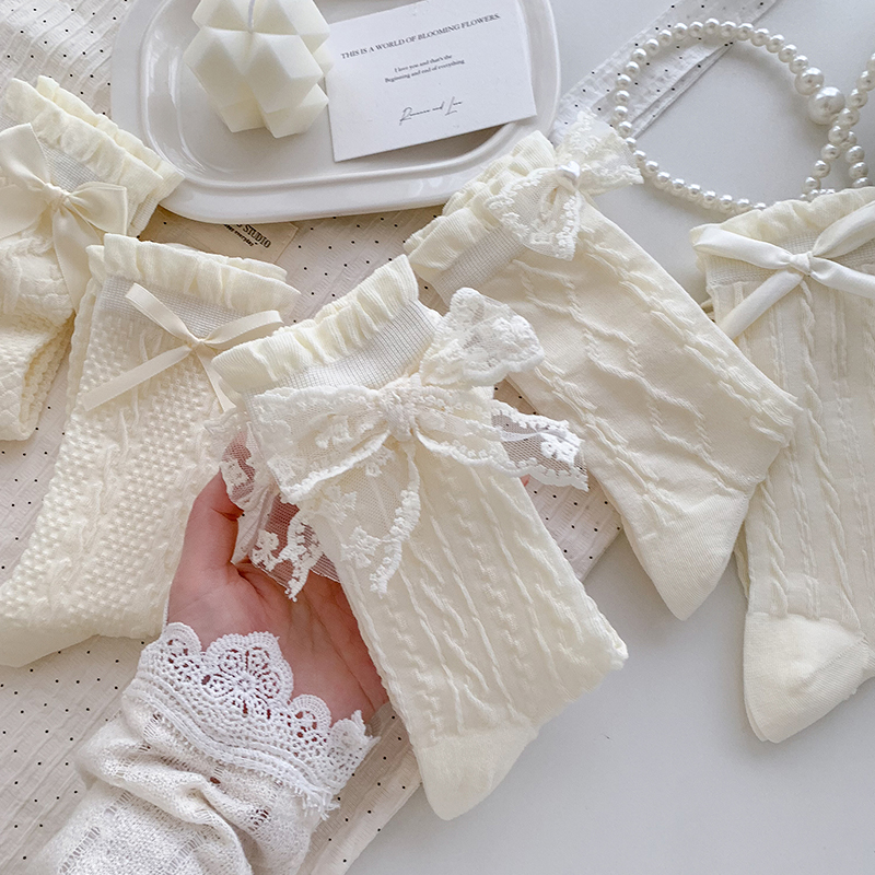 夏天薄款白色蝴蝶结袜子女中筒袜薄款日系甜美lolita蕾丝JK袜子