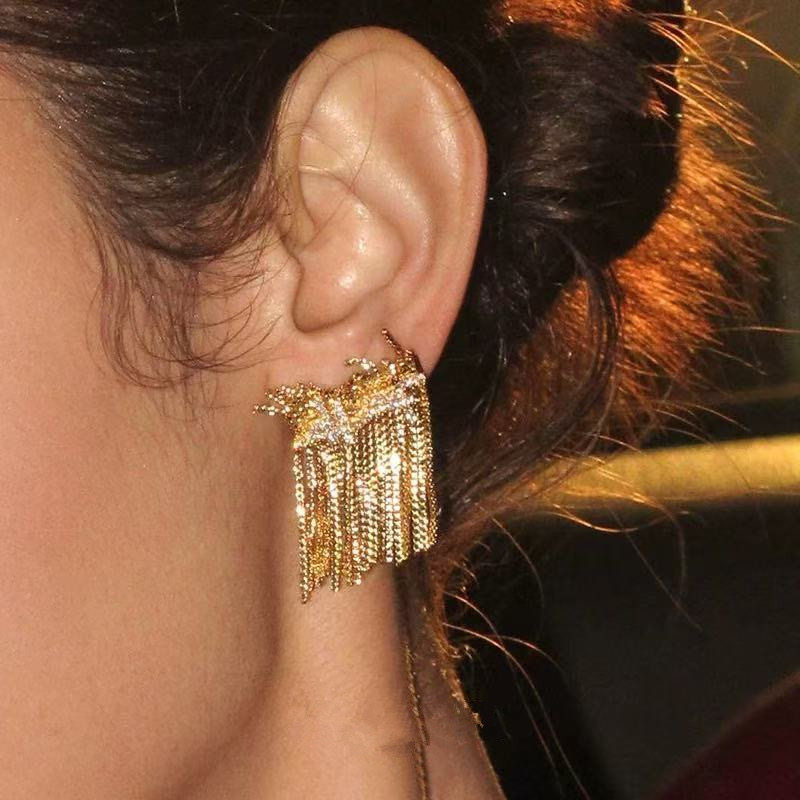 铜合金耳饰 【魅影】真金电镀银针宽面流苏耳钉跨境轻奢大气耳环