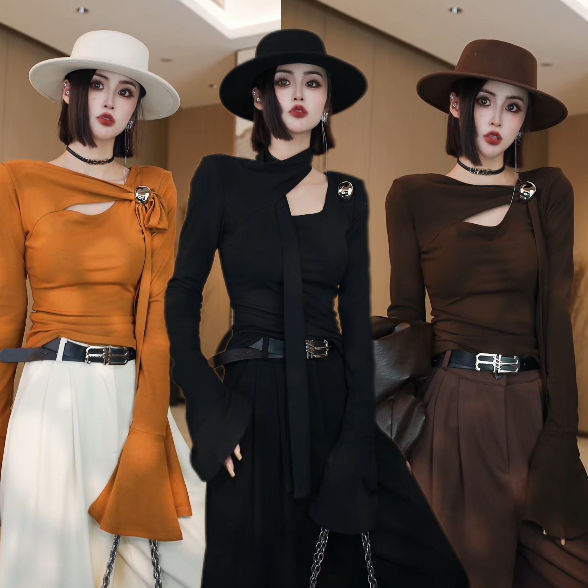 2025秋冬新款设计感修身显瘦斜肩镂空喇叭袖加绒加厚女上衣W9988