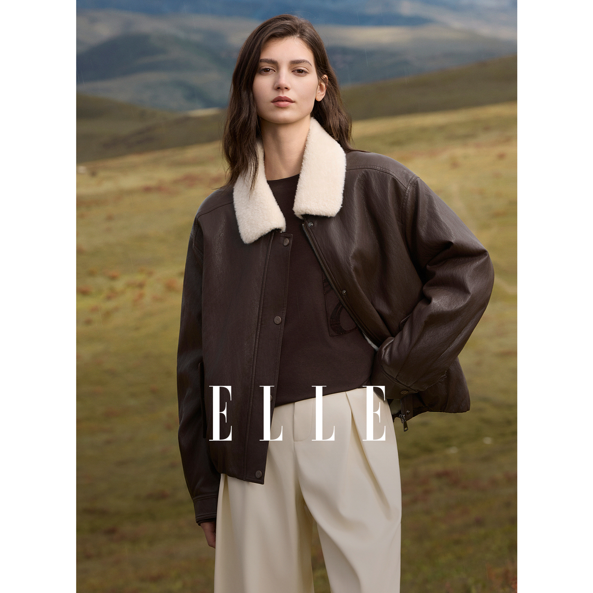 ELLE女装毛绒翻领皮衣短外套25冬新款廓形夹克上衣EF52961