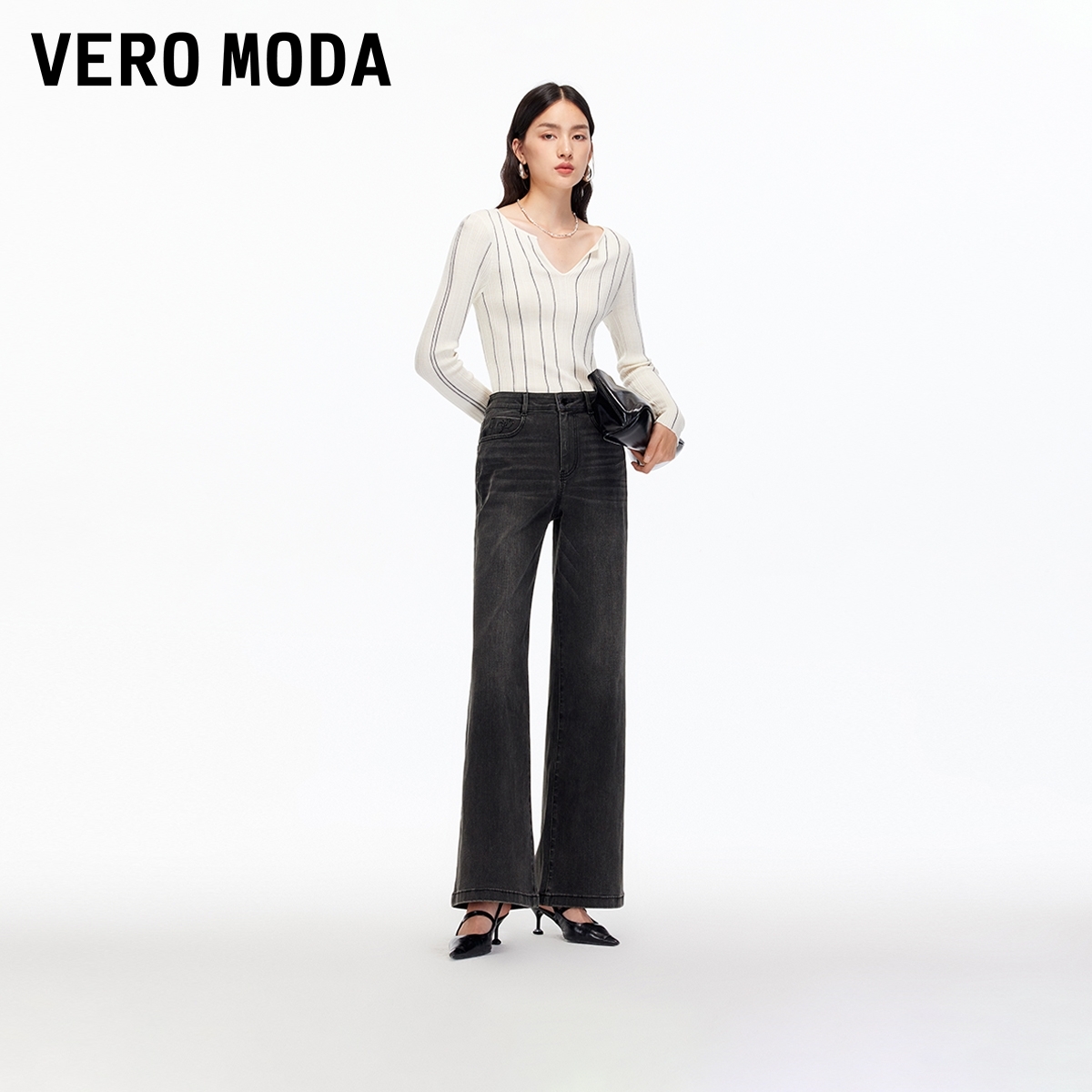 Vero Moda牛仔裤25新款含棉水钻装饰显瘦微喇裤流光风325332064