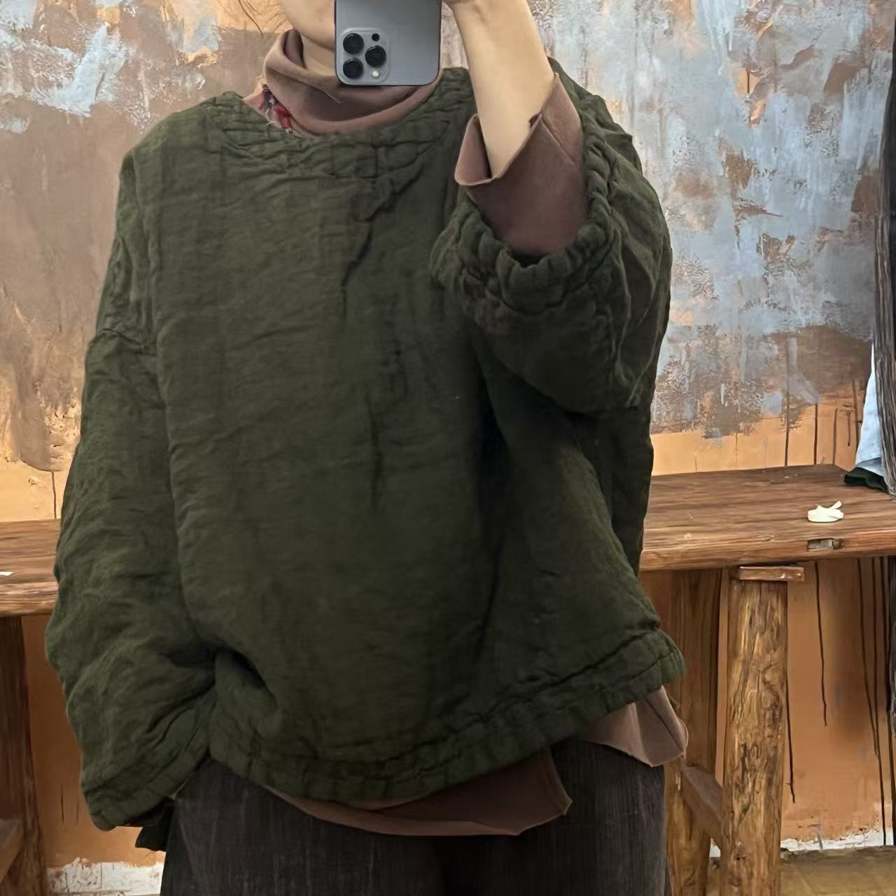 M 646亚麻植物染圆领套头去宽松短棉衣（衣长65 胸围150）