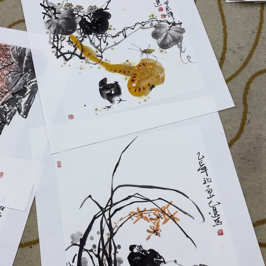 国画毅*巴进小品花鸟童两张
