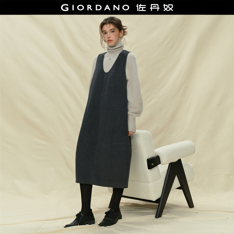 佐丹奴设计师款冬季格雷系U型领厚实毛呢背心连衣裙女18465631