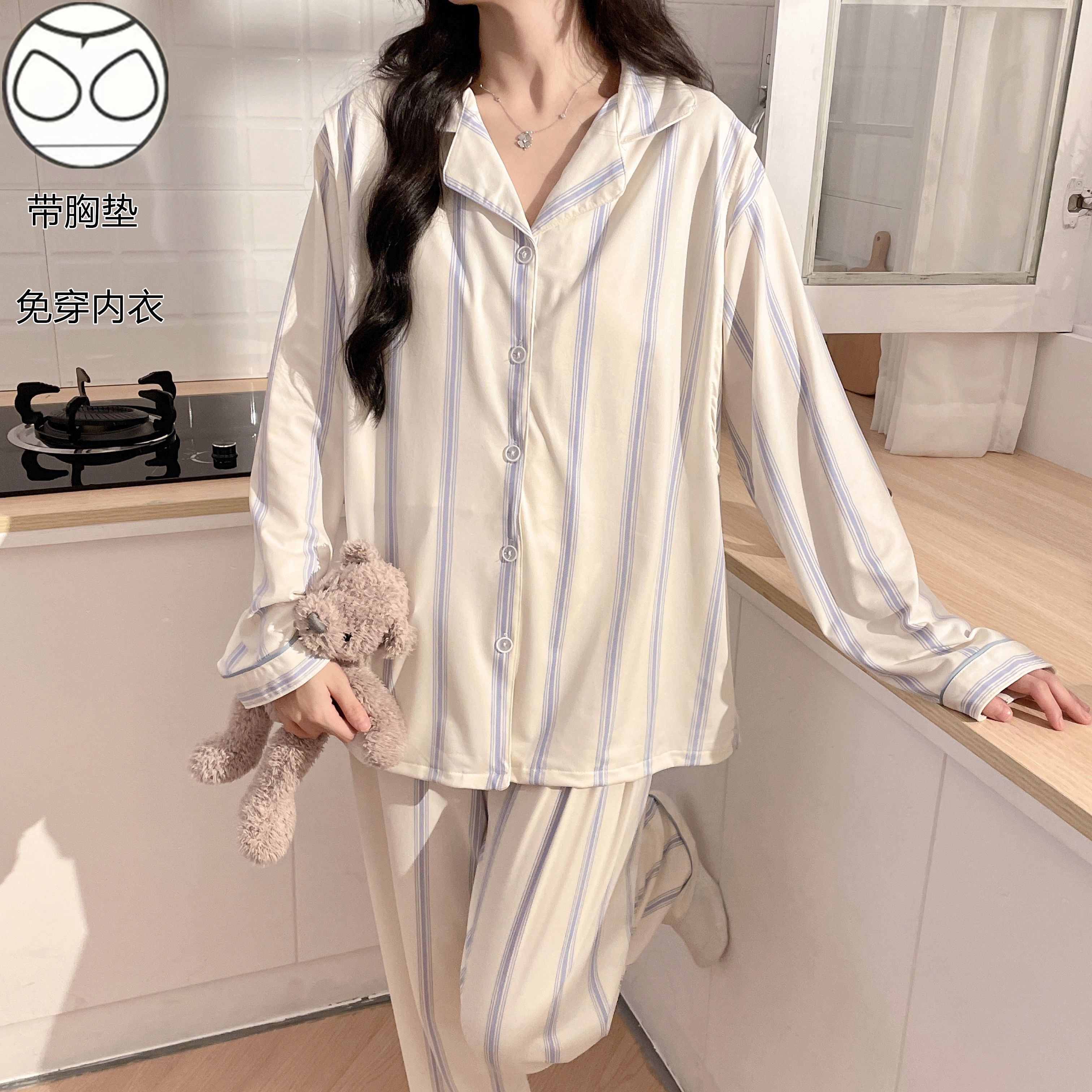 【春夏带胸垫】纯綿月子服孕妇喂奶产妇哺乳怀孕期长袖睡衣产后睡衣